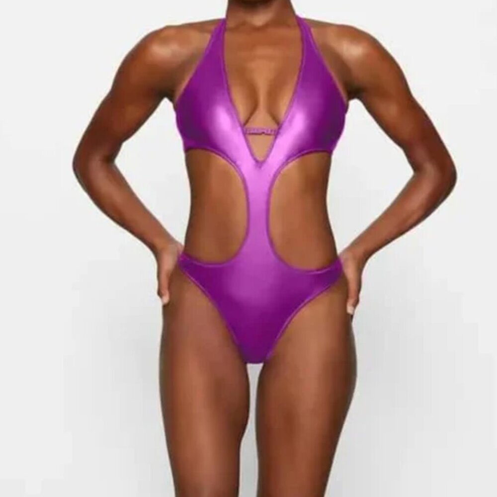 NWT SKIMS Metallic Swim Halter Monokini in Dragon Fruit Size Large